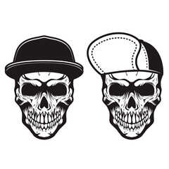 Set of illustration of skulls in baseball caps in monochrome style. Design element for logo, emblem, sign, poster, card, banner. Vector illustration