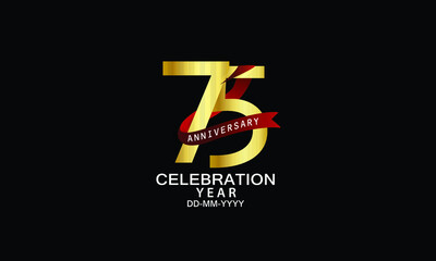 75 year anniversary red ribbon celebration logotype. anniversary logo with Red text and Spark light gold color isolated on black background, design for celebration, invitation - vector