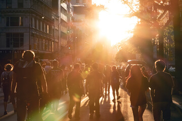 New York City 2020 - Crowd of people walk into the light of sunset at a peaceful Black Lives Matter protest march on 14th Street in Manhattan - obrazy, fototapety, plakaty