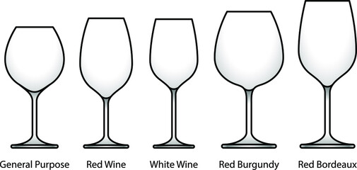 A selection of glasses: general, red, burgundy, bordeaux and white wines. With labels.