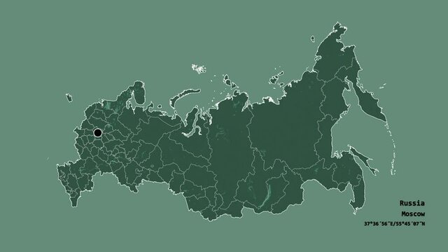 Tver', region of Russia, with its capital, localized, outlined and zoomed with informative overlays on a administrative map in the Stereographic projection. Animation 3D