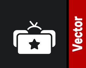 White Ushanka icon isolated on black background. Russian fur winter hat ushanka with star. Soviet Union uniform of KGB and NKVD. Vector.