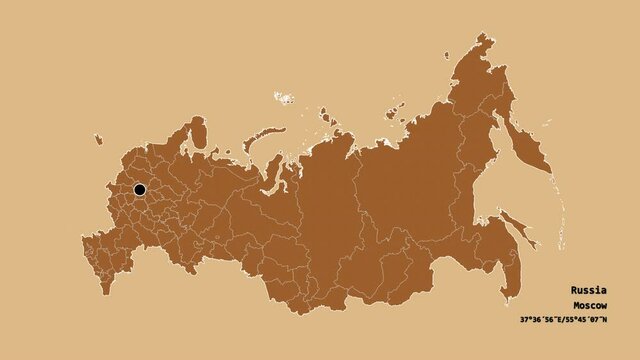 Tver', region of Russia, with its capital, localized, outlined and zoomed with informative overlays on a solid patterned map in the Stereographic projection. Animation 3D