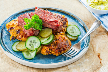Sweet potato latkes with sald beef