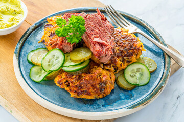 Sweet potato latkes with sald beef