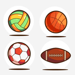 Set Of Sports Equipment. Volleyball, Basketball, Football, And American Football Vector