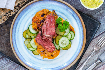 Sweet potato latkes with sald beef