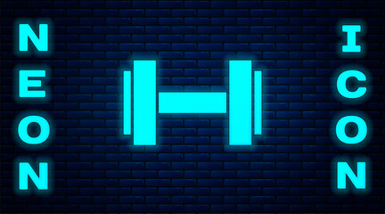 Glowing neon Dumbbell icon isolated on brick wall background. Muscle lifting icon, fitness barbell, gym, sports equipment, exercise bumbbell. Vector.