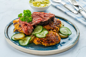 Sweet potato latkes with sald beef