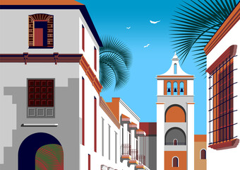 Fototapeta premium Colonial spanish style street with historic buildings and a church with a bell tower in the background. Handmade drawing vector illustration. Retro style poster.