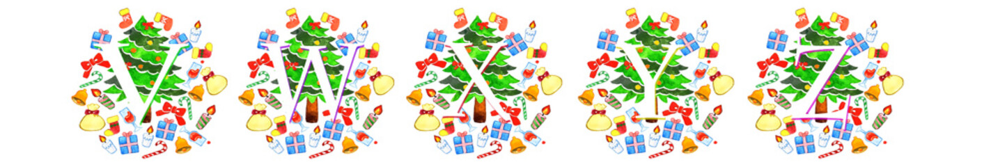 水彩で描かれたクリスマスのアルファベットカードセット