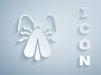 Paper cut Clothes moth icon isolated on grey background. Paper art style. Vector.