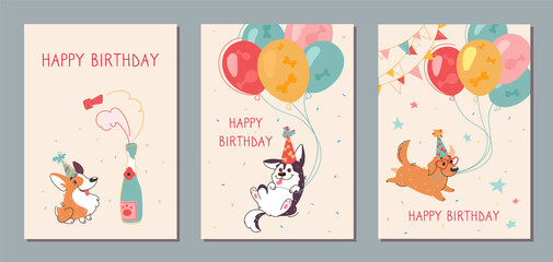 Fototapeta na wymiar Stylish happy birthday cards with funny corgi, husky and labrador. Inflatable balls, champagne on a beige background. Vector greeting card with cute animals, print for factory textiles