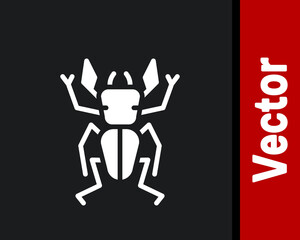White Beetle deer icon isolated on black background. Horned beetle. Big insect. Vector.