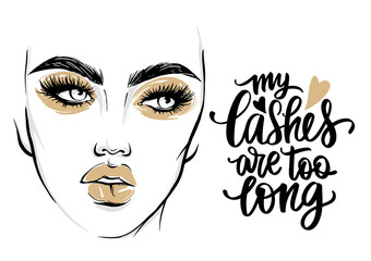 Vector fashion poster with lashes quote and woman portrait with golden makeup.