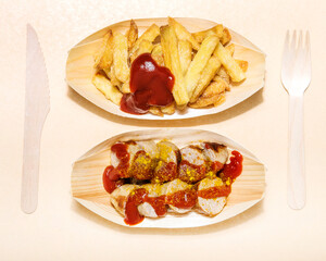 Currywurst und Pommes Frites mit Ketchup 