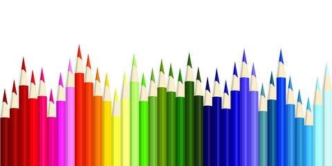 Colored pencils, lots of colors, the view from above. Pencils are located not exactly in a row, but on a wavy line. The concept of creativity and education. Vector illustration