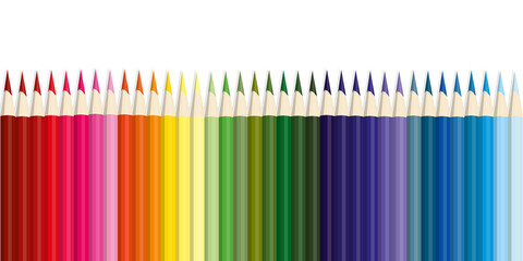 Colored pencils, lots of colors, the view from above. Pencils are arranged exactly in a row. Concept of creativity and education.