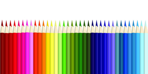 Colored pencils, lots of colors, the view from above. Pencils are arranged exactly in a row. Concept of creativity and education. Vector illustration 