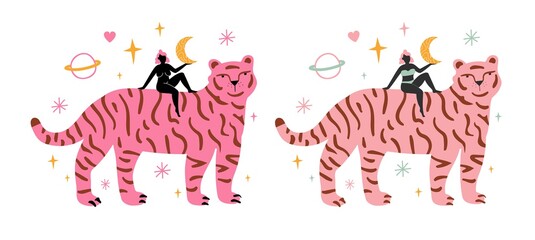 Vector illustration with young pink hair woman and funny striped tiger. Stars, moon, saturn planet and heart. Trendy female print design with wild animal, home decoration poster, collage minimal art
