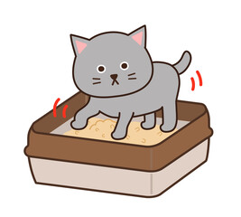  Illustration of a gray cat hiding excrement with toilet sand.