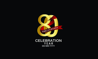 80 year anniversary red ribbon celebration logotype. anniversary logo with Red text and Spark light gold color isolated on black background, design for celebration, invitation - vector