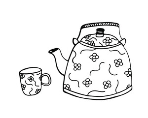Tea pot with tea cup with cute flowers pattern. Hand drawn outline element. Vector isolated on white background.