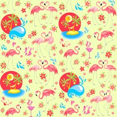 Summer seamless wallpaper with pink flamingo birds, Plumeria flowers, hearts, ocean waves, palm trees with hammock, wineglass with cocktail for fashion tropical print and wrapping paper. Flat design