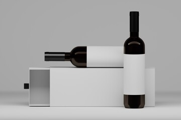 Two vine bottles with white labels and packaging gift box on white background