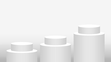 pedestal cylinder circle 3 steps for cosmetics showcase, podium circle stage white grey and silver color, platform three steps and advertising copy space, podium round five layers of product display