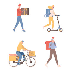 Fototapeta premium Couriers with boxes and parcels vector flat illustration. Young men and women in protective face masks shipping goods or food to costumers on bike and scooter. Fast online delivery concept.