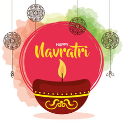 happy navratri celebration poster with candle in ceramic pot