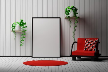 Frame mockup in room interior with sitting chair and red fabric pillow and potted plants