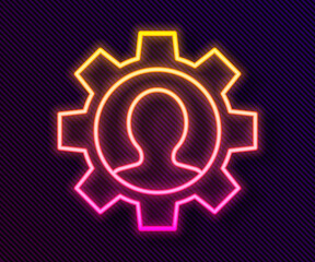 Glowing neon line Human with gear icon isolated on black background. Artificial intelligence. Thinking brain sign. Symbol work of brain. Vector.