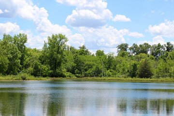 A peaceful view of the lake in the countryside.