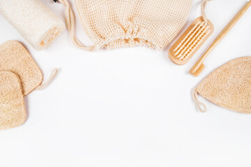 Zero waste concept flatlay with loofahs sponges