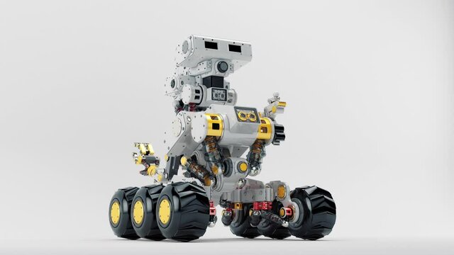 Curiosity robot. Smart automated multi-functional drone on tracks, 3d rendering of turnaround	
