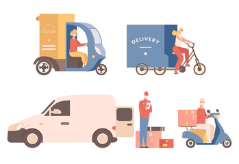 Express non contact delivery vector flat illustration. People in medical face masks deliver goods or food, ride bike, scooter or truck. Fast shipping, online order delivery concept.