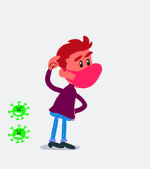  young man dressed casually  with mask and virus COVID doubting
