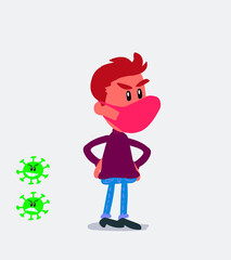 Angry  young man dressed casually  with mask and virus COVID 
