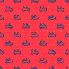 Blue line Tow truck icon isolated seamless pattern on red background. Vector.