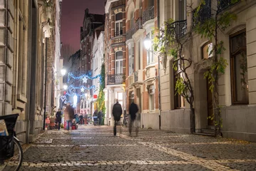 Photo sur Plexiglas Anvers Cobblestone pedestrian street lined with historic buildings in a old city centre at night in winter. Antwerp, Belgium.