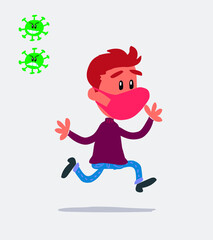  young man dressed casually  with mask and virus COVID running happily
