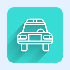 White line Police car and police flasher icon isolated with long shadow. Emergency flashing siren. Green square button. Vector.