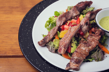 Traditional mexican gourmet food. Gourmet mexican food. Exotic mexican food. Mexican meat salad.