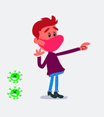 Surprised  young man dressed casually  with mask and virus COVID pointing at something
