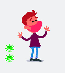 Pleased  young man dressed casually  with mask and virus COVID explaining something
