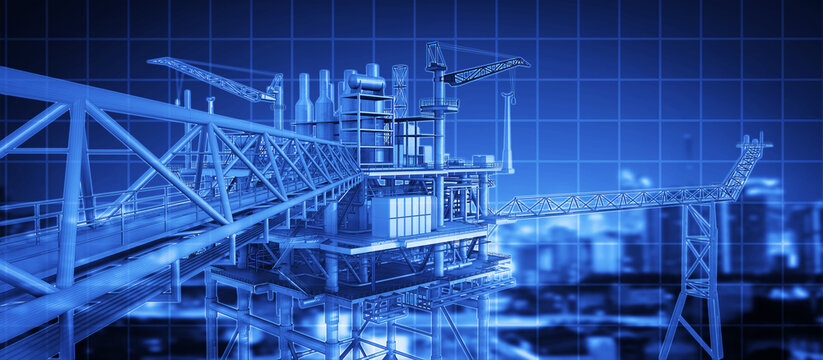 3D rendering blue digital theme on futuristic oil rig building structure , banner picture.  