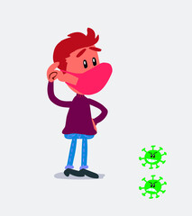 Thoughtful  young man dressed casually  with mask and virus COVID scratching his head
