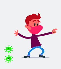 Shocked  young man dressed casually  with mask and virus COVID pointing


